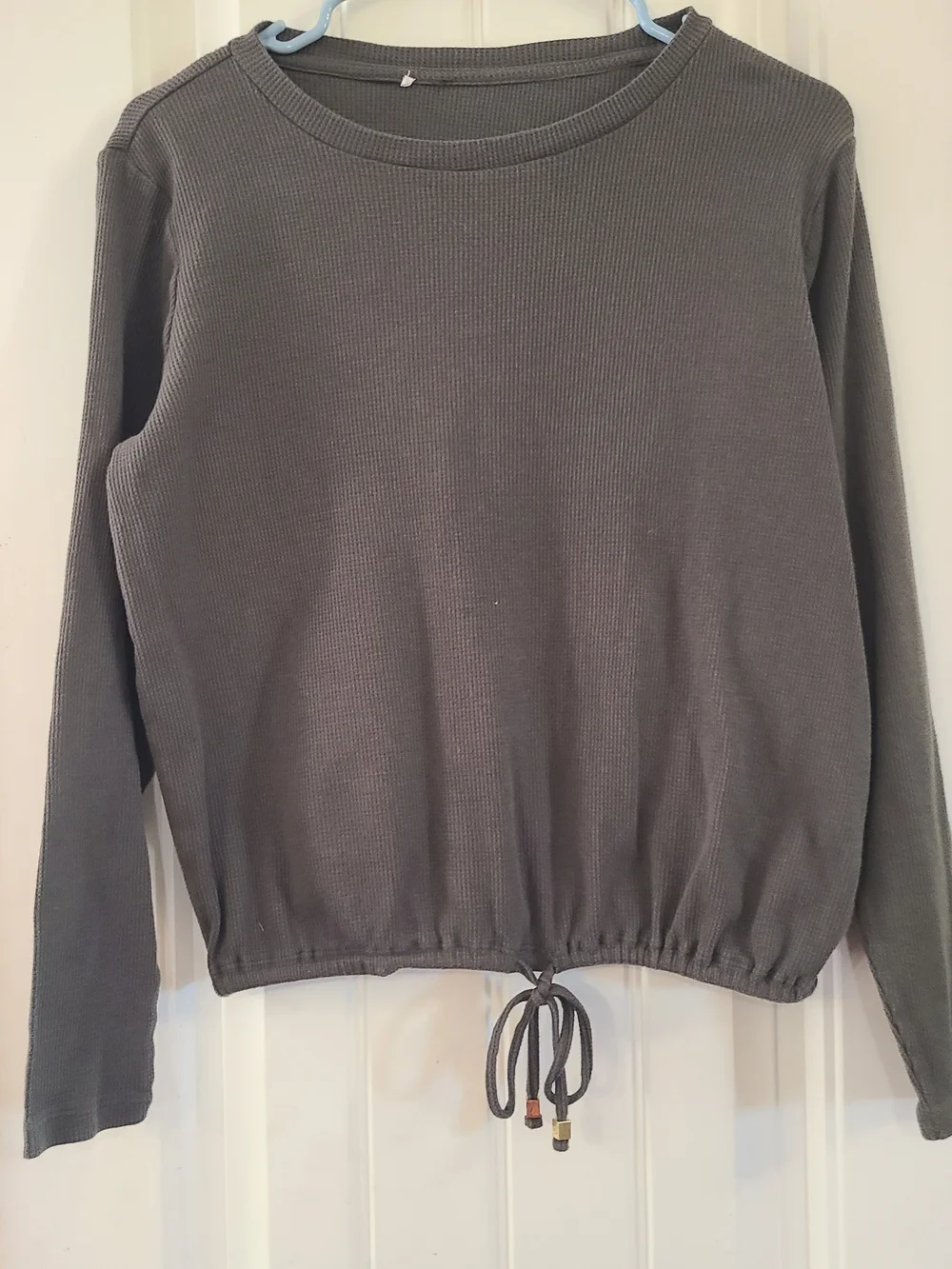 Michael Kors Olive Gray Waffle Knit Drawstring Hem Cropped Top Size M